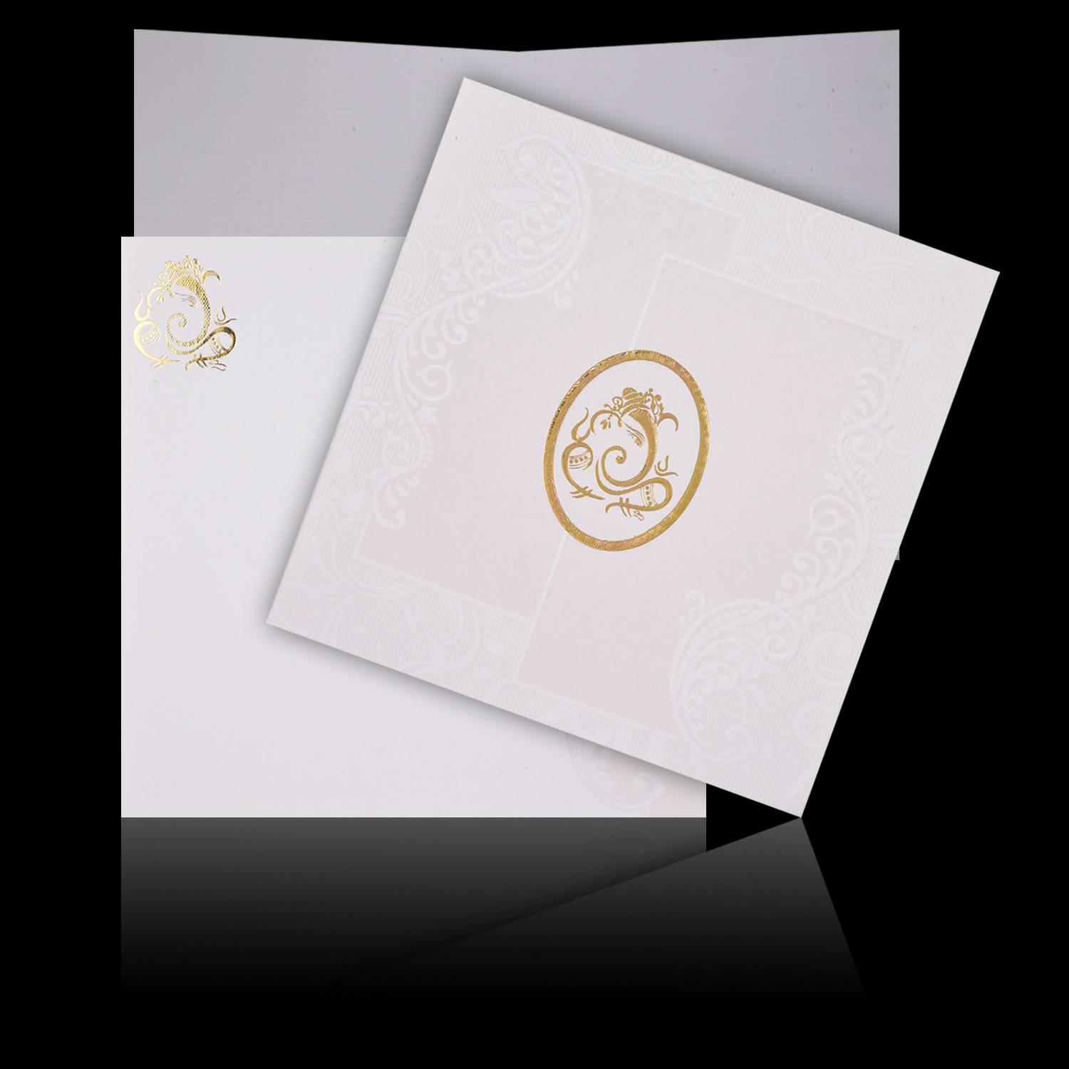 Gold Foiling Embossed Ganesha With Pristine White Shading Wedding Card - KNK08190-2